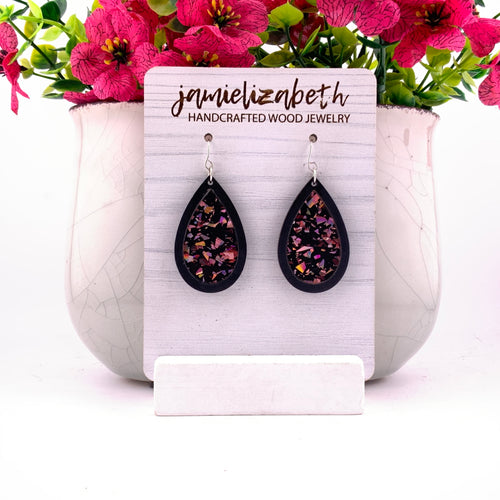 Pink flecks against a black background, teardrop earrings with Black wood frames by Jamielizabeth