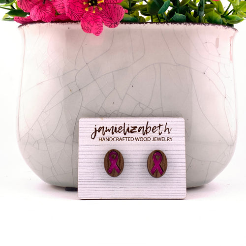 Bright pink awareness ribbon, oval ribbon stud earrings with Walnut wood frames by Jamielizabeth