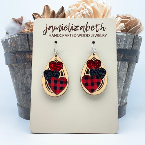 Triple Heart Red Plaid Acrylic - Earrings