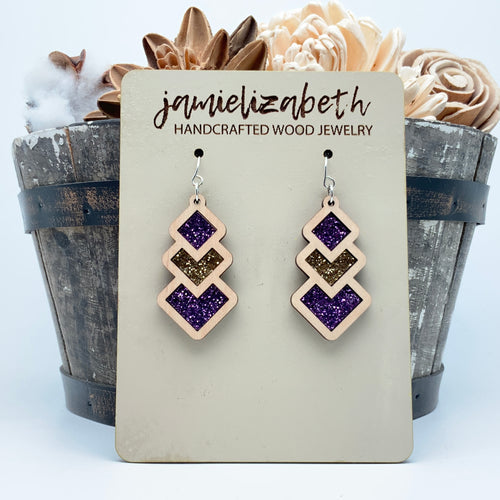 Purple and Gold Glitter Diamond Drops - Earrings