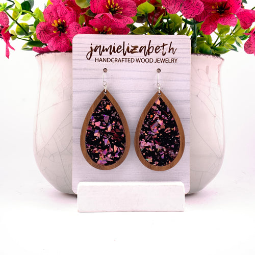 Pink flecks against a black background, teardrop earrings with Walnut wood frames by Jamielizabeth
