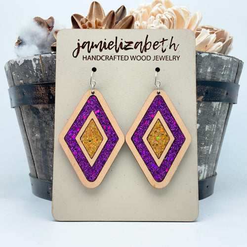 Purple and Gold Double Diamonds - Earrings