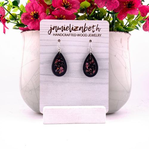 Pink flecks against a black background, teardrop earrings with Black wood frames by Jamielizabeth