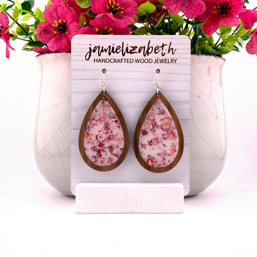 Pink flecks against a white background, teardrop earrings with Walnut wood frames by Jamielizabeth
