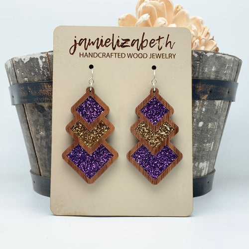 Purple and Gold Glitter Diamond Drops - Earrings