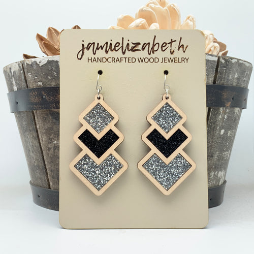 Silver and Black Sparkle Diamond Drops - Earrings