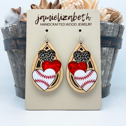 Triple Heart Baseball Teardrops - Earrings