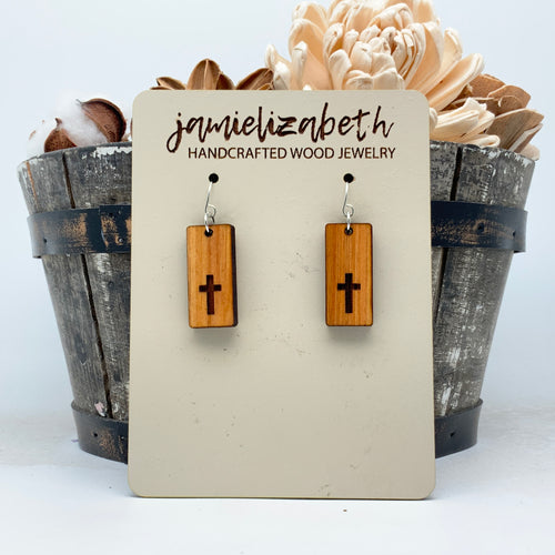 Salvaged Guadalupe River Cypress Wood - Cross - Bar Earrings