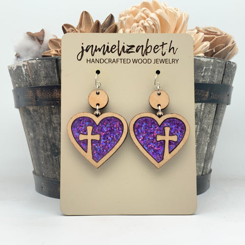Heart Cross Hoop w/ Purple Acrylic - Earrings