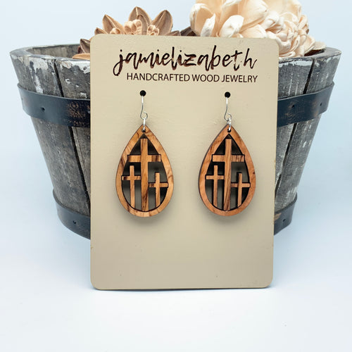 Triple Cross in Olivewood - Earrings and Necklace