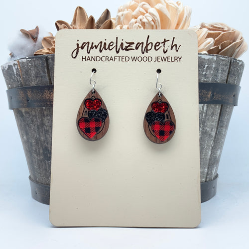 Triple Heart Red Plaid Acrylic - Earrings