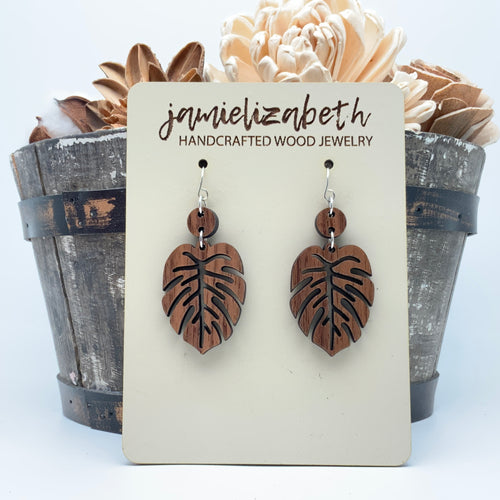 Monstera Leaf Earrings - Walnut Wood (Vault)