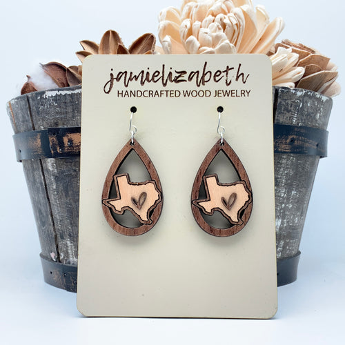Heart of Texas Earrings – Walnut & Maple Wood