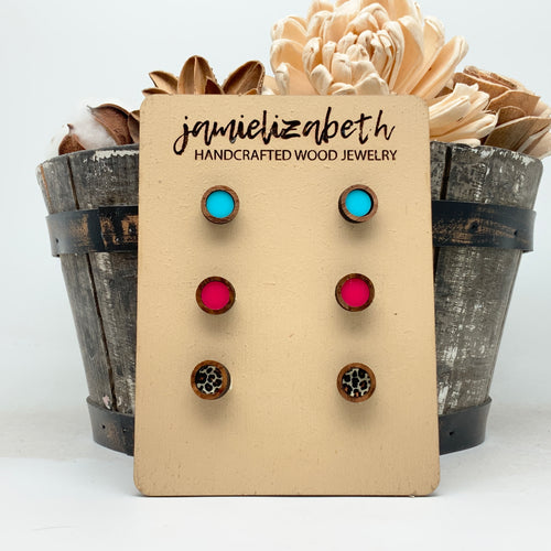 Stud Trio - Pink - Teal - Leopard (three for the price of two!)