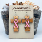 Olivewood Cross with Pink Ribbons - Earrings or Necklace