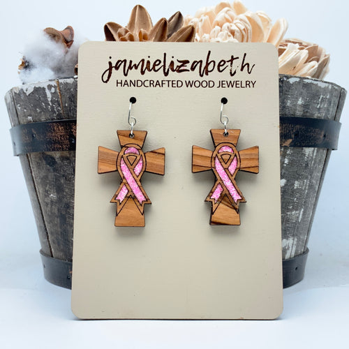 Olivewood Cross with Pink Ribbons - Earrings or Necklace