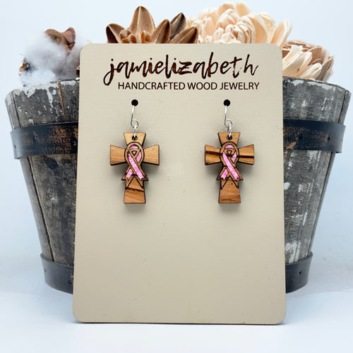 Olivewood Cross with Pink Ribbons - Earrings or Necklace