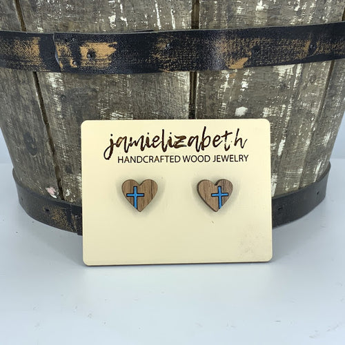 Heart-Shaped Studs with Painted Cross (multiple colors available)
