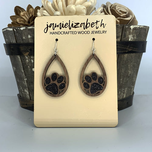 Black Glitter Pawprint Earrings