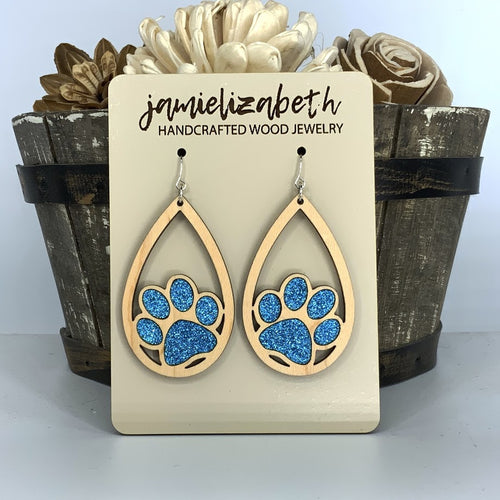 Blue Glitter Pawprint Earrings