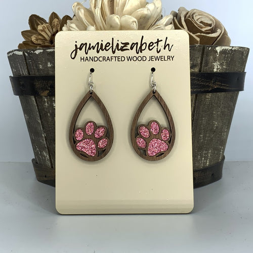 Pink Glitter Pawprint Earrings