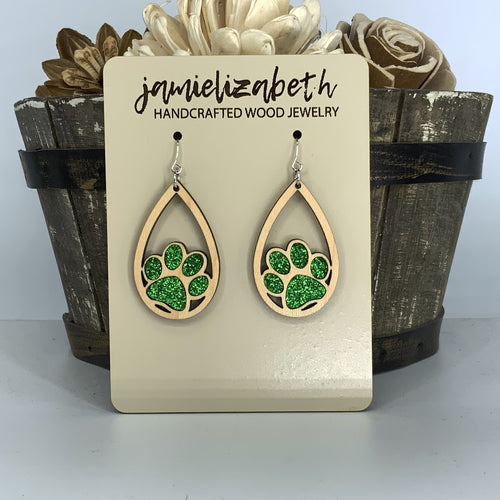 Green Glitter Pawprint Earrings
