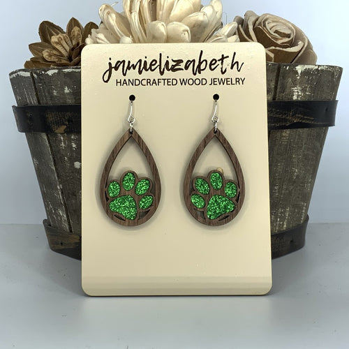 Green Glitter Pawprint Earrings
