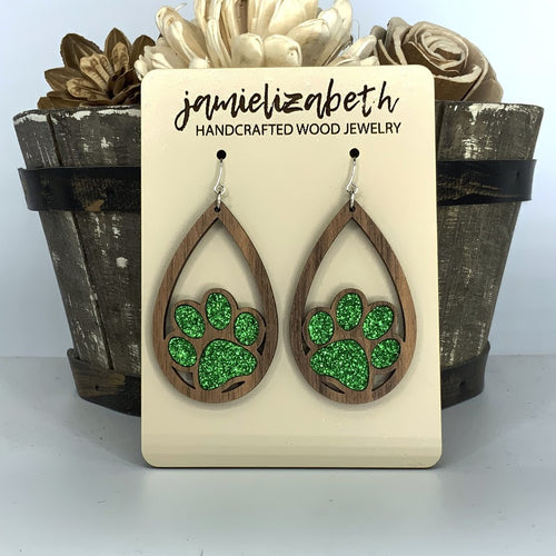 Green Glitter Pawprint Earrings