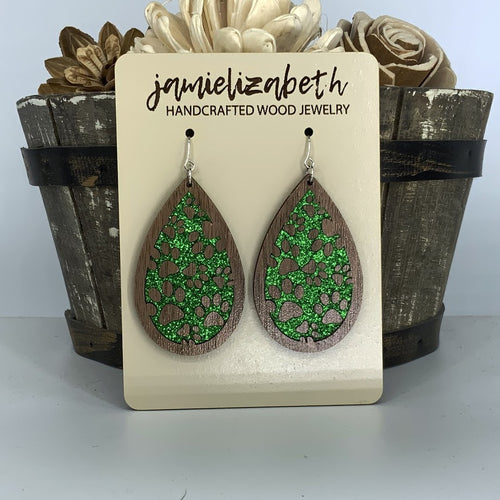 Green Glitter Pawprint Earrings