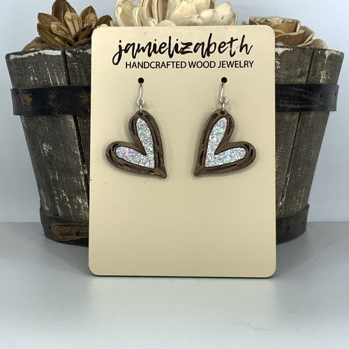 Wood Hand-Drawn Heart Earrings: Silver Shattered Glass (Vault)