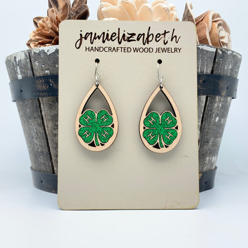 4H Clover Teardrops -Fine Green Glitter - Earrings