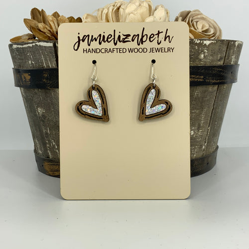 Wood Hand-Drawn Heart Earrings: Silver Shattered Glass (Vault)
