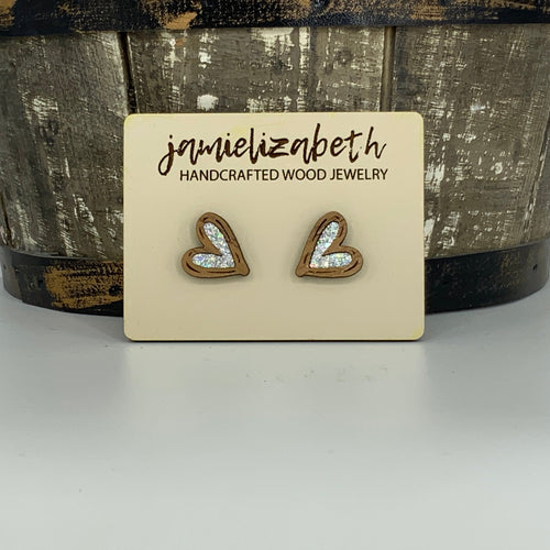 Wood Hand-Drawn Heart Earrings: Silver Shattered Glass (Vault)