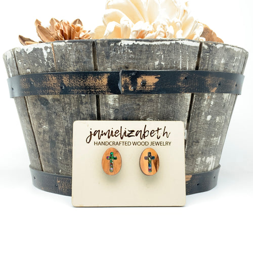Rolling Stone - Confetti Glass Cross - Olivewood Earrings or Necklace