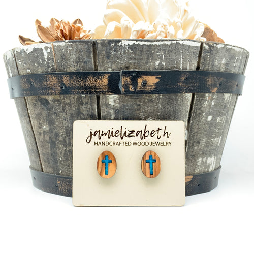 Rolling Stone - Angelic Blue Cross - Olivewood Earrings (Vault)