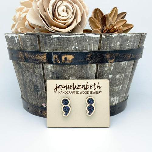 Semicolon Studs - Shattered Glass Glitter (Mental Health Awareness)