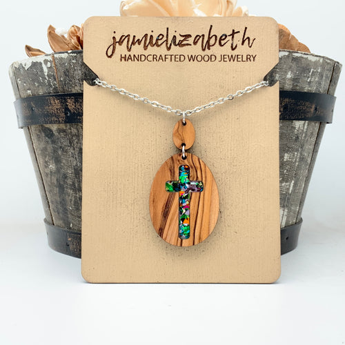 Rolling Stone - Confetti Glass Cross - Olivewood Earrings or Necklace