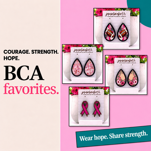 Breast Cancer Awareness '26 collection cover featuring four handcrafted earring styles