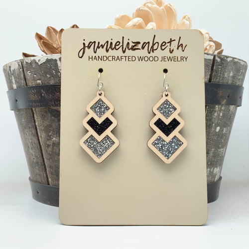 Silver and Black Sparkle Diamond Drops - Earrings