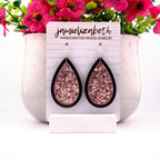 Chunky pink glitter flakes, teardrop earrings with Black wood frames by Jamielizabeth