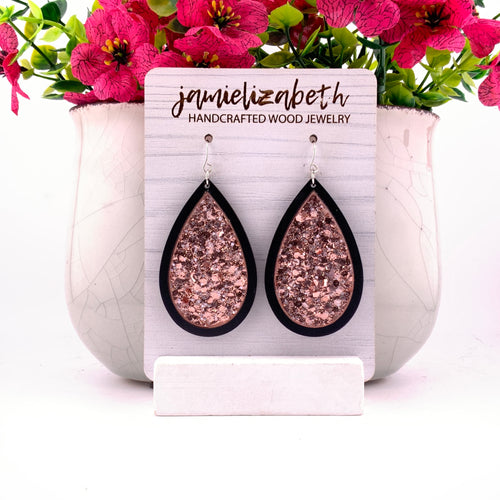Chunky pink glitter flakes, teardrop earrings with Black wood frames by Jamielizabeth