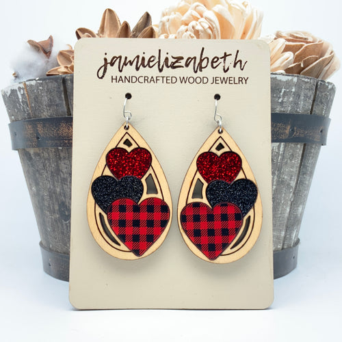 Triple Heart Red Plaid Acrylic - Earrings
