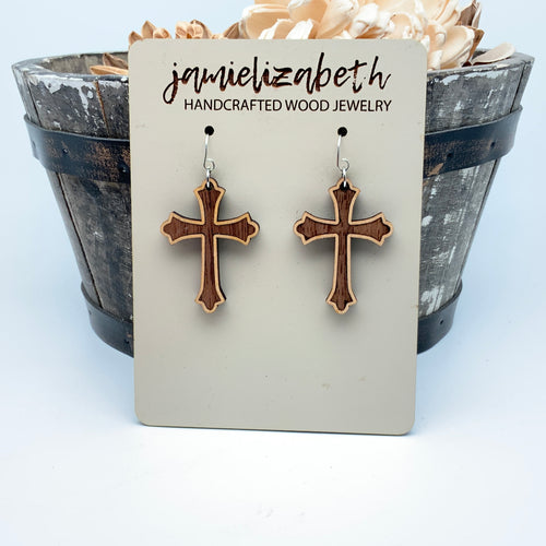 Wood Duo Cross - Earrings or Necklace