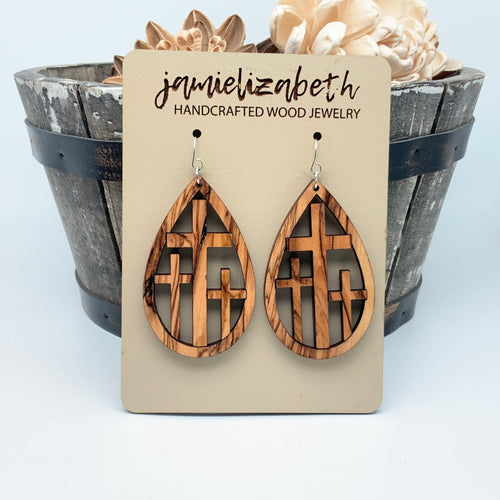 Triple Cross in Olivewood - Earrings and Necklace