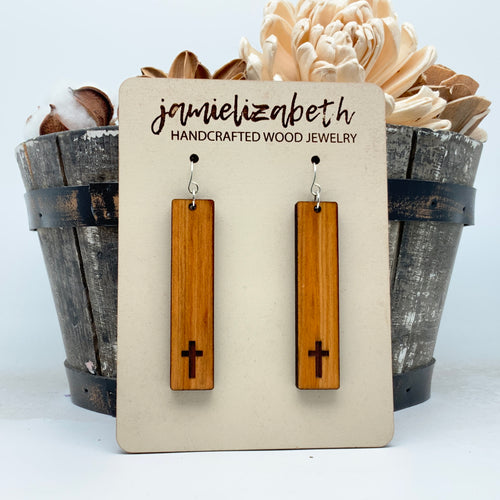 Salvaged Guadalupe River Cypress Wood - Cross - Bar Earrings