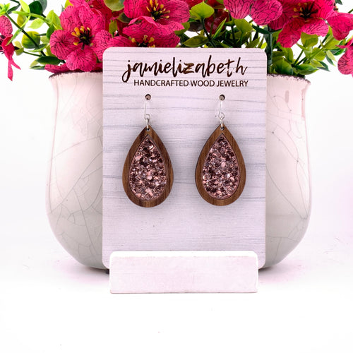 Chunky pink glitter flakes, teardrop earrings with Walnut wood frames by Jamielizabeth