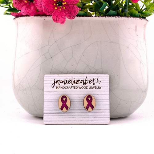 Bright pink awareness ribbon, oval ribbon stud earrings with Maple wood frames by Jamielizabeth