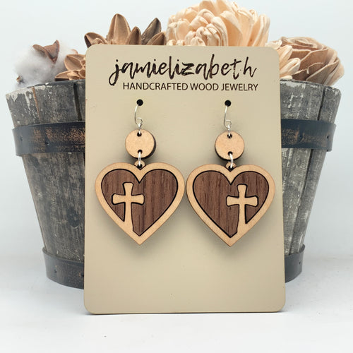 Heart Cross Hoop w/ Walnut and Maple - Earrings