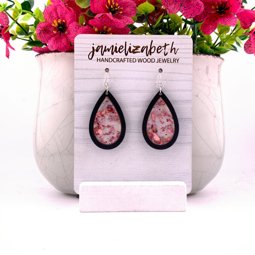 Pink flecks against a white background, teardrop earrings with Black wood frames by Jamielizabeth