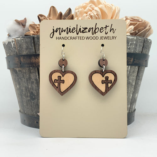 Heart Cross Hoop w/ Walnut and Maple - Earrings